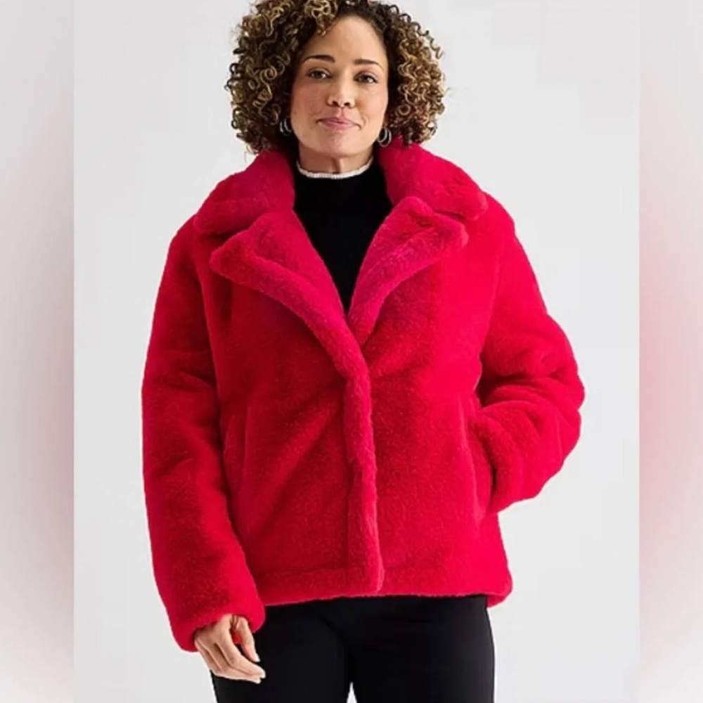 Liz Claiborne Plush Faux Fur Red Cozy Jacket - Women Sz XL NWT